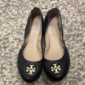 Tory Burch Black and Gold Logo Flats